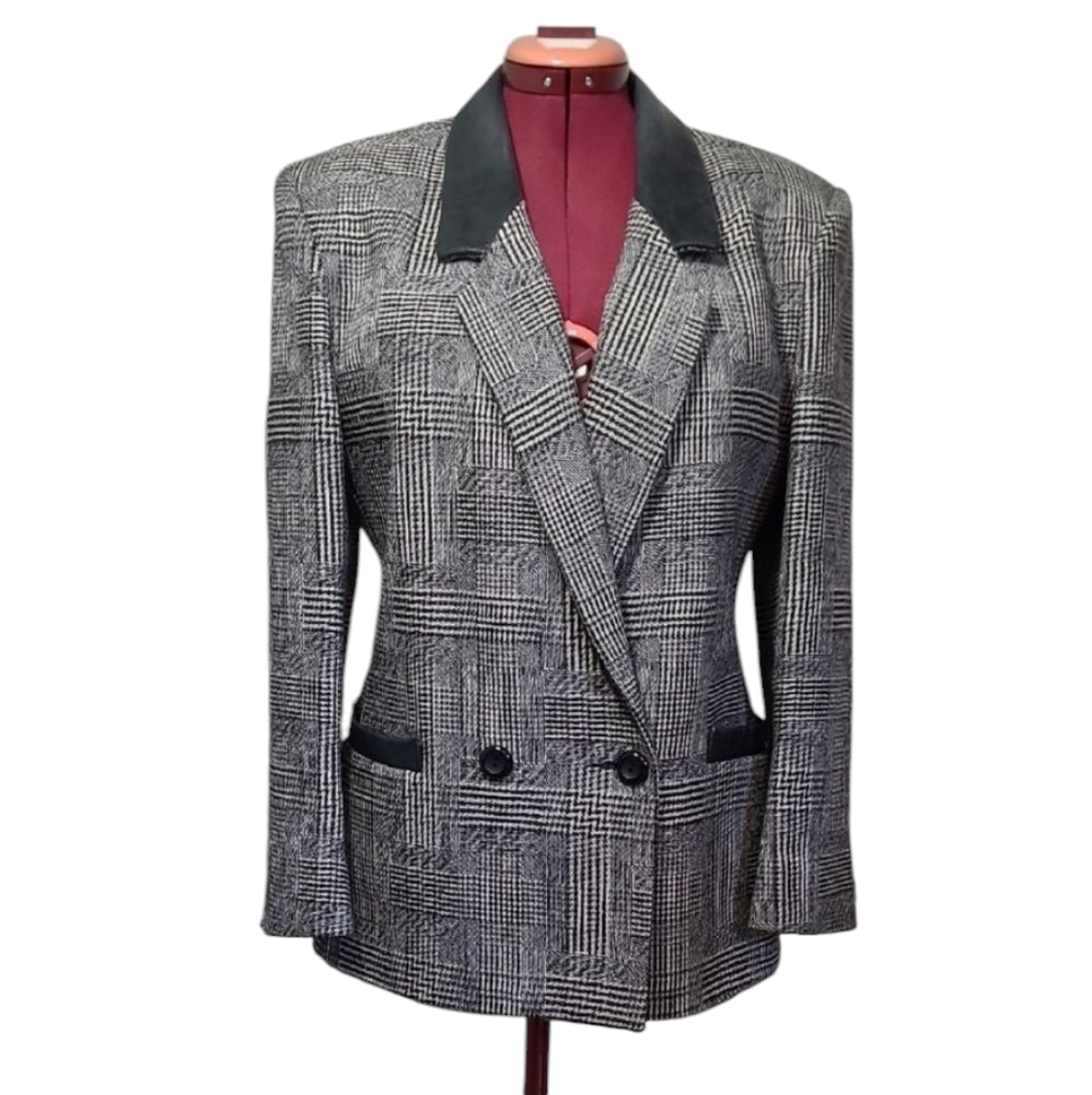 Genuine Leather Lapels Wool Plaid Double Breasted Blazer Dark Academia